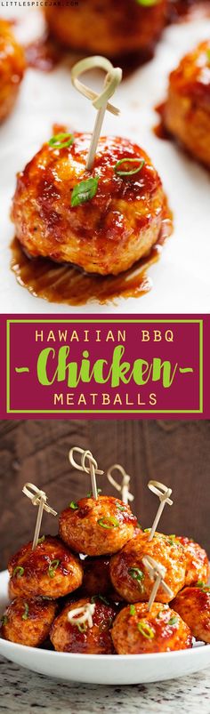 hawaiian bbq chicken meatballs on a white plate