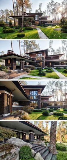 four different views of the exterior of a modern house with trees and grass on each side