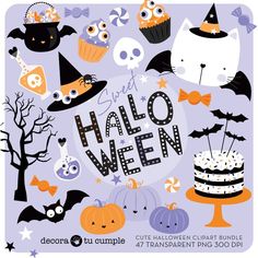 an image of halloween party clipart with pumpkins, bats and other items on it