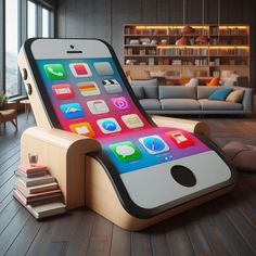 an iphone sitting on top of a wooden bench in front of a living room filled with furniture