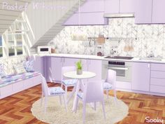 the kitchen is decorated in pastel purples and lilacs with white chairs, a round dining table, and a couch