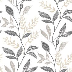 a white and gray wallpaper with leaves on the bottom right hand corner, in grey and gold