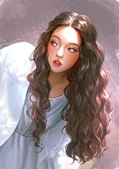 a digital painting of a woman with long dark hair and an angel halo around her neck