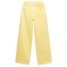 Color: Yellow, Size: XS Relaxed Fit Pants With Frayed Hem For Work, High Waist Straight Fit Jeans For Spring, Trendy High Waist Straight Fit Bottoms, Trendy Straight Fit Bottoms For Summer, Trendy Straight Fit Bottoms With Pockets, Trendy Cotton Pants With Five Pockets, Trendy Wide Leg Straight Fit Bottoms, Straight Leg Pants With Frayed Hem, Spring Wide Leg Pants With Five Pockets