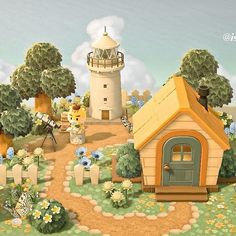 an animated image of a small house in the middle of a field with trees and flowers