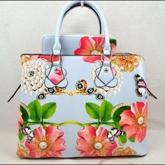 Glossy Floral Print Vegan Leather & Wallet Elegant Blue Floral Print Bags, Elegant Blue Bags With Floral Print, Elegant Rectangular Spring Wallet, Elegant Rectangular Wallet For Spring, Kate Spade Satchel, Brown Leather Satchel, Tote Outfit, Leather Satchel Handbags, Brown Leather Handbags