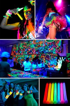 the collage shows people dancing and having fun at a party with neon lights on them