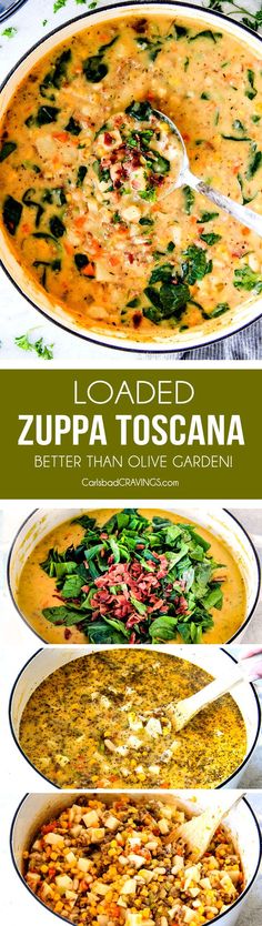 several different types of soups in pans with the words, loaded zupa toscan