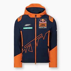 a blue and orange jacket with the name red bull racing on it's chest