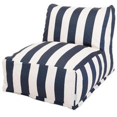 a blue and white striped chair that is made out of fabric with an attached cushion