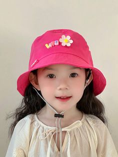 Rosa Fucsia  Collar  Poliéster  Sombrero cubo Embellished Girls Sun Hat, Floral Bucket Hat, Bucket Cap, Pink Collar, Pink Collars, Princess Style, Kids Hats, Head Circumference, Sun Hat