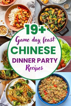 a collage of different dishes with the words game day feast chinese dinner party recipes