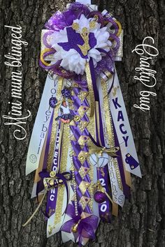 a purple and gold ribbon is attached to a tree