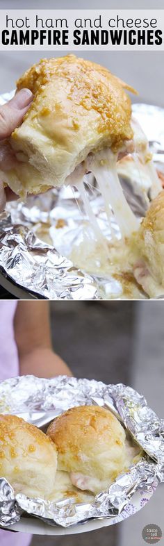 there is a piece of bread that has been placed on top of tin foil with the words hot ham and cheese campfire sandwiches