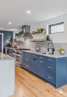 a kitchen with blue cabinets and stainless steel appliances