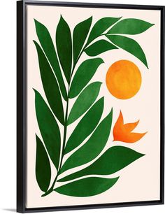 an orange and green leaf print mounted on a white wall above a black framed frame