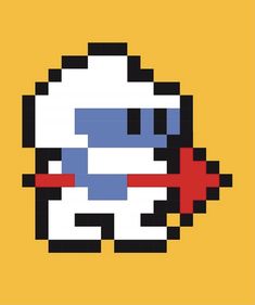 an image of a pixel art style character on a yellow background with red and blue accents