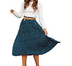 Relipop Women's Flared Skirt High Elastic Waist Polka Dot Pleated Midi Vintage Skirt Black at Amazon Women’s Clothing store Long Polka Dot Skirt, Beach Skirts, White Polka Dot Skirt, Flared Midi Skirt, Teacher Outfits Fall, Floral Wrap Skirt, Brand Introduction, Midi Skirt With Pockets