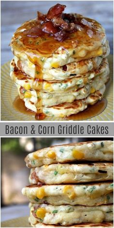 bacon and corn griddle cakes are stacked on top of each other