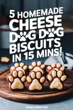 there is a wooden plate with cookies on it and the words 5 homemade cheese dog biscuits in 15 mins