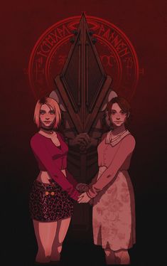 two women standing next to each other in front of a red and black background with the words game of thrones on it