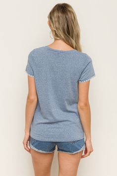 Denim Heather Tee with Picot edge detail 65% Cotton 35% Polyester Loose Fit Pocket Casual Cotton T-shirt With Lace Trim, Spring T-shirt With Lace Trim And Crew Neck, Light Wash Soft-washed Cotton Tops, Relaxed Fit Cotton T-shirt With Frayed Hem For Spring, Cotton Crew Neck T-shirt With Frayed Hem, Denim Blue Crew Neck Top With Relaxed Fit, Denim Blue Relaxed Fit Crew Neck Top, Spring Relaxed Fit T-shirt With Frayed Hem, Relaxed Fit Soft-washed Medium Wash Tops