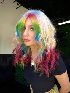 Hello! This is an 18in Custom Colored Human Hair Wig from artist @megankhair on Instagram. The frontal lace on this wig has been pre-cut and it is highly advised to wash in ice cold water as least often as possible to prevent advanced color fade. Pop Of Color Hair, Red And Blonde, Ice Cold Water, Wild Hair Color, Rainbow Wig, Split Dyed Hair, Cute Hair Colors, Dye Ideas, Hair Creations