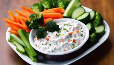 a white plate topped with vegetables and dip