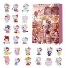 hello kitty figurines are shown in front of a pink box with many different designs