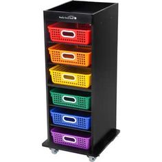 a multicolored plastic storage unit with five baskets on wheels and four drawers in different colors