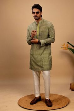 Green silk kurta with all over diamond print. Paired with a trouser. - Aza Fashions Designer Kurta With Printed Motifs, Silk Kurta With Block Print And Long Sleeves, Designer Long Sleeve Kurta With Printed Motifs, Designer Straight Kurta With Printed Motifs, Pista Green Long Sleeve Silk Kurta, Designer Cotton Straight Kurta, Designer Cotton Kurta For Diwali, Designer Pista Green Kurta For Eid, Trouser For Men