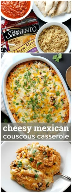 mexican casserole recipe with cheese and meat in the middle, on a white plate