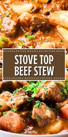 beef stew in a white bowl with text overlay that reads stove top beef stew