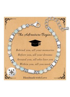 the adventure begins bracelet is shown with an image of a graduate's cap on it