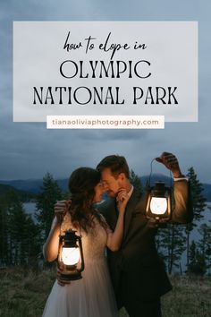 a bride and groom kissing with the words how to escape in olympic national park