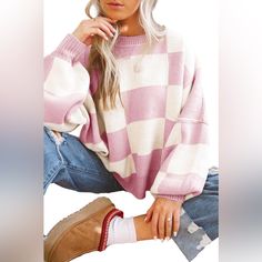 Adorable Pink And White Checkered Print Sweater. Nwot This Will Make Someone Happy! Pull Orange, Khaki Sweater, Pull Rose, Oversize Pullover, Plaid Sleeve, Puff Sleeve Sweater, Bishop Sleeve, Checkered Pattern, Casual Sweaters