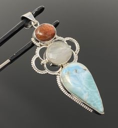 Gemstone Pendant - Larimar, Moonstone and Sunstone , Wire Wrapped Pendant, Silver Jewelry Gifts for Her, Bohemian Jewelry Moonstone And Sunstone, San Ramon, White Moonstone, Silver Jewelry Pendant, Sapphire Necklace, Pendant Silver, Turquoise Pendant, Wrapped Pendant, Turquoise Gemstone