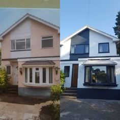 before and after photos of a house being painted in white, with blue trim on the windows