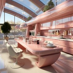 a kitchen with pink counter tops and chairs in front of a large glass ceilinged window