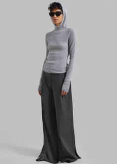 Color: Grey Melange Lightweight wool blend fabric Relaxed fit Straight leg High rise Slant hip pockets Belt loops Zip fly Hook and bar closure Unlined 48% Wool 30% Recycled Polyester 16.5% Polyester 5.5% Lycra Dry Clean Only By The Garment. Imported Denim Suit, Frankie Shop, Paris Woman, Knit Hoodie, Pleated Pants, Clothes Shop, Wide Pants, Wide Leg Denim, Black Blazers