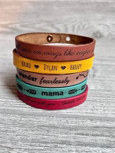 "Simple and fun! This beautiful personalized bracelet can have any engraving you wish for that special gift. Names, birthdays, coordinates, favorite quotes, bible verses. You name it!! Each bracelet is handmade in our shop. Please note each one of these is handmade so no two are exactly alike. Genuine Leather Handmade in the USA Size Height: Top to Bottom is approximately 1/2\" Width: The bracelet is 9\" long overall. Button stud openings are at 7 1/4\" and 8 1/4\" for adjustability. Please veri Women Leather Bracelet, Personalized Bracelets For Birthday Gift On Father's Day, Personalized Adjustable Bracelets For Father's Day, Customizable Bracelets For Personalized Gifts On Father's Day, Customizable Bracelets For Father's Day Personalized Gift, Custom Name Adjustable Bracelets For Father's Day, Customizable Adjustable Bracelets For Father's Day, Customizable Name Bracelet For Father's Day, Personalized Adjustable Bracelets As Birthday Gift