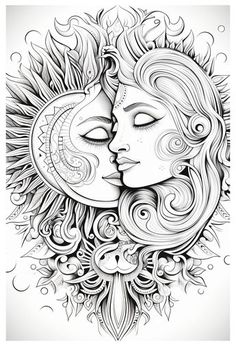 a drawing of two faces with sun and moon in the middle, surrounded by swirls