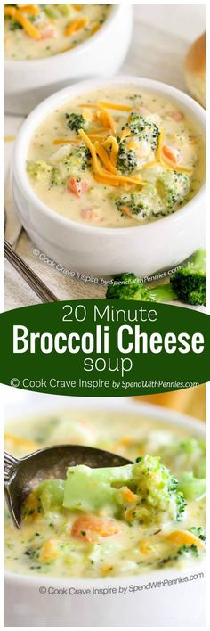 broccoli cheese soup in two white bowls with spoons on the side and title overlay