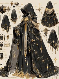 an image of a black cloak with gold stars on it and other items around it