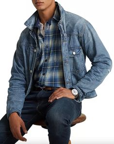 Casual Selvedge Denim Jacket In Denim Blue, Casual Selvedge Denim Jacket In Relaxed Fit, Casual Selvedge Denim Jacket For Streetwear, Casual Long Sleeve Selvedge Denim Jacket, Rugged Relaxed Fit Long Sleeve Denim Jacket, Rrl Menswear, Christmas Pic, Flannel Men, Denim Trucker Jacket