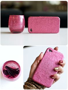 the pink glitter case is being held up