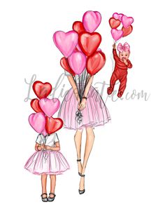 a woman and two children holding heart shaped balloons in their hands, with the child standing between them