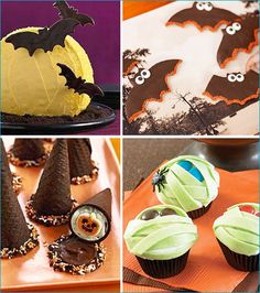 four different pictures of cupcakes decorated like bats and pumpkins with decorations on them