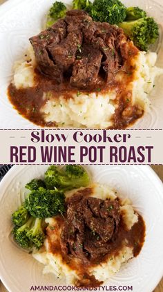 two white plates topped with beef and broccoli covered in red wine gravy