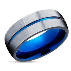 men's wedding band with blue ceramic inlay and brushed finish, 8mm